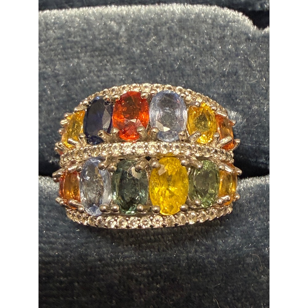 Multi Gemstone Rainbow Ring Wide Band Oval Cut 925 Yellow Blue Orange Green Sz 7